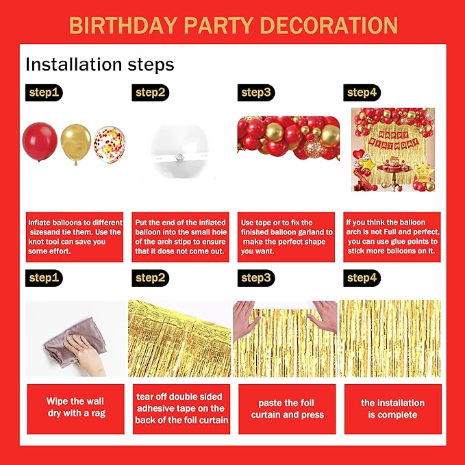 Red And Gold Birthday Decorations for Women,Fringe Curtains Happy Birthday Banner,Red balloons,Cake Toppers for girls