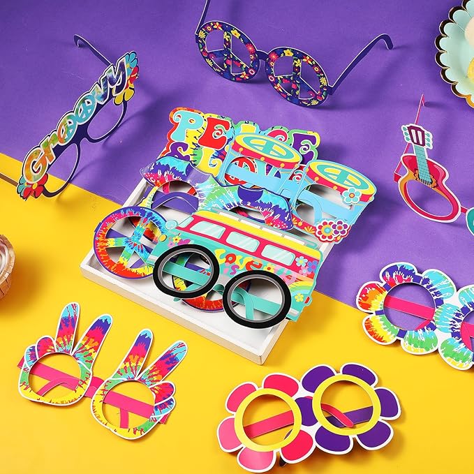 Pajean 36 Pcs 60s Party Decorations 60's Photo Booth Prop 60 Hippie Themed Eyeglasses Paper Glasses Frame Tie Dye Groovy Peace Love Themed Favor for 60's Hippie Birthday Party Favor Supplies