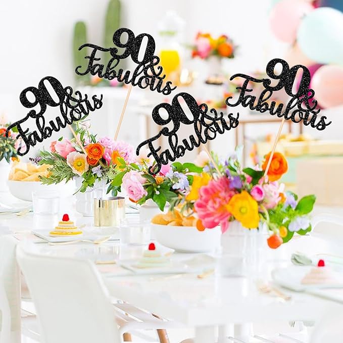 12 PCS 90 and Fabulous Centerpiece Sticks Double Sided Happy 90th Birthday Table Flower Centerpieces Sticks Cheers to 90 Floral Decorations for 90th Birthday Anniversary Party Supplies Black