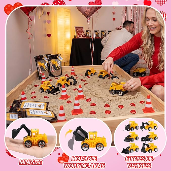 Jenaai 12 Set Construction Party Favors Truck Vehicle Set with Sand Greeting Cards Mini Cars Truck Tractor Forklift for Construction Birthday Party Supplies Gift Reward Goodie Bag Stuffer