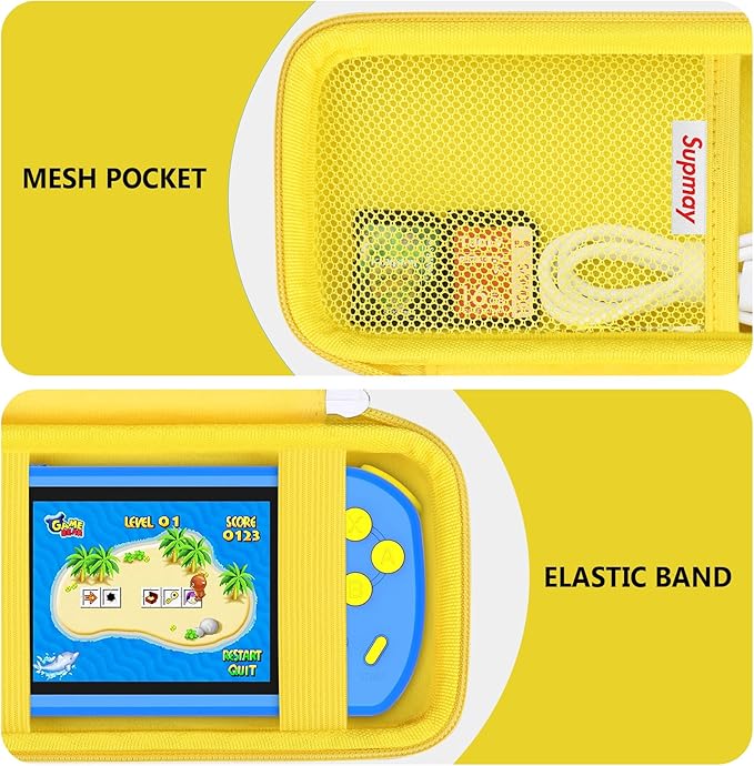Supmay Carrying Case Compatible with CCTU / TEBIYOU Kids Handheld Games Preloaded 218 Retro Video Games, Portable Gaming Electronic Toys Storage Holder Travel Bag with Mesh Pocket for USB Cable,Yellow