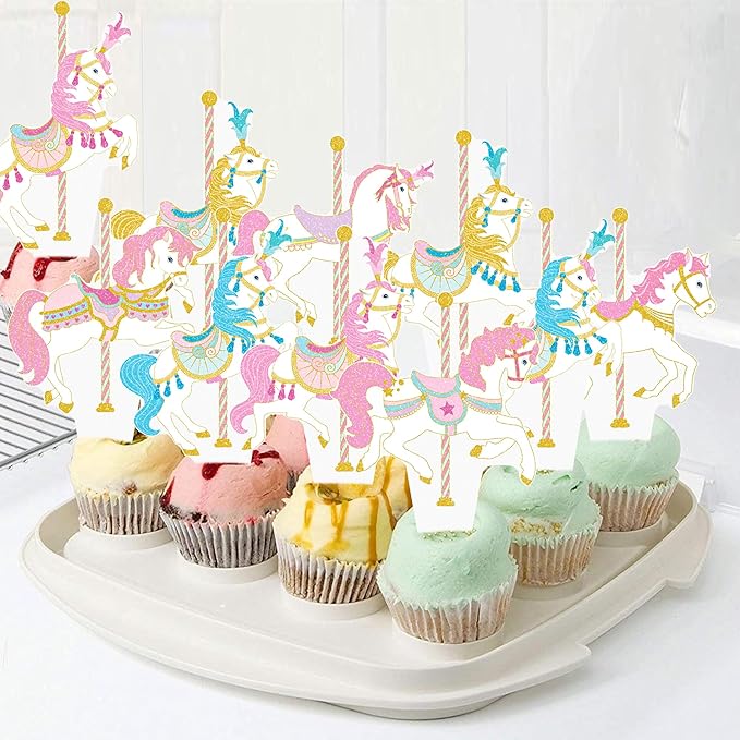 Carousel Horse Cupcake Toppers 48Pcs Carousel Horse Party Cake Decorations Carnival Carousel Horse Cupcake Picks Horse Birthday Party Supplies for Amusement Park Themed Baby Shower Decor