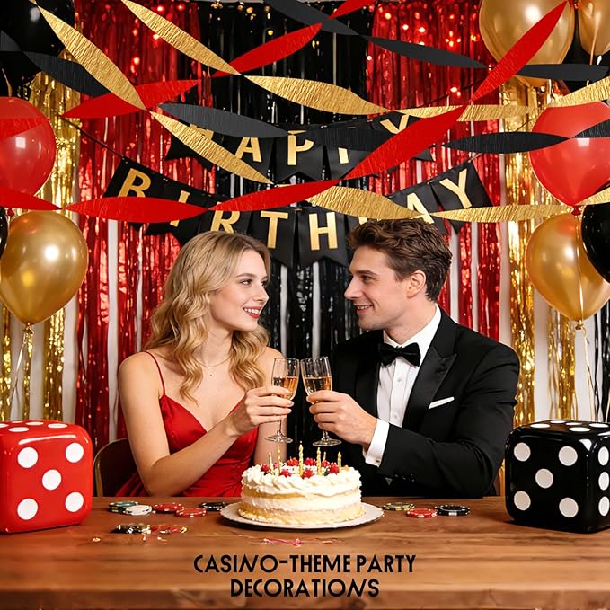 AOYOO 6 Rolls Casino Party Decorations Streamers - Red Black Gold Crepe Paper for Poker Night, Las Vegas Theme Birthday, Wedding Bridal Shower Theme Party Supplies, DIY Photo Backdrop