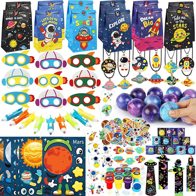 Space Party Favors, Birthday & Party Decorations - 254 PCS Outer Space Goodie Bag Stuffers Fillers for Kids with Astronaut Toys, Stickers, Stress Balls, Masks and Necklaces