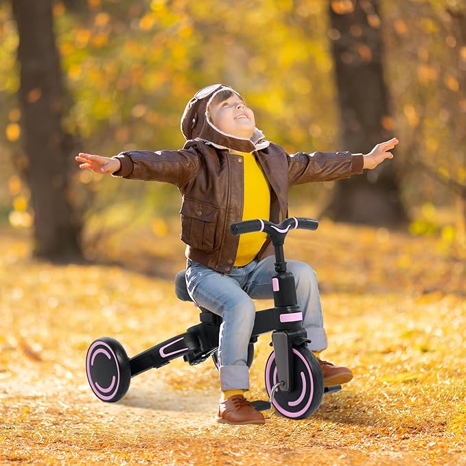Aneco 9-in-1 Multi-functional Baby Tricycle for Toddlers 10 Months-3 Years with Removable Canopy Rotatable Seat Safety Harness Wheel Brake Adjustable Push Handle Storage Bag Cup Holder, Black and Pink