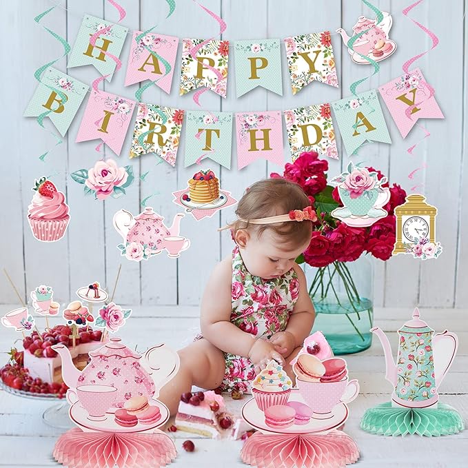 Zonon 40 Pcs Tea Party Birthday Decoration Set with Happy Birthday Banner, Cupcake Toppers, Table Centerpieces, Hanging Swirls Tea Party Supplies for Women Spring Floral Hanging Decor for Baby Shower