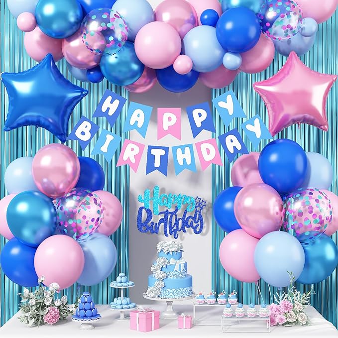 Pink and Blue Birthday Decorations, Royal Light Blue Pink Metallic Purple Confetti Latex Foil Balloons Happy Birthday Banner Fringe Curtain for Boys Girls Wedding Baby Shower Party Decoration Supplies