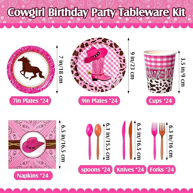 Gejoy 171 Pcs Western Cowgirl Birthday Party Tableware Supplies for 24 Guests Cowgirl Plates Napkins Birthday Banners Tablecloths Cups Knives Forks and Spoons for Party Decoration
