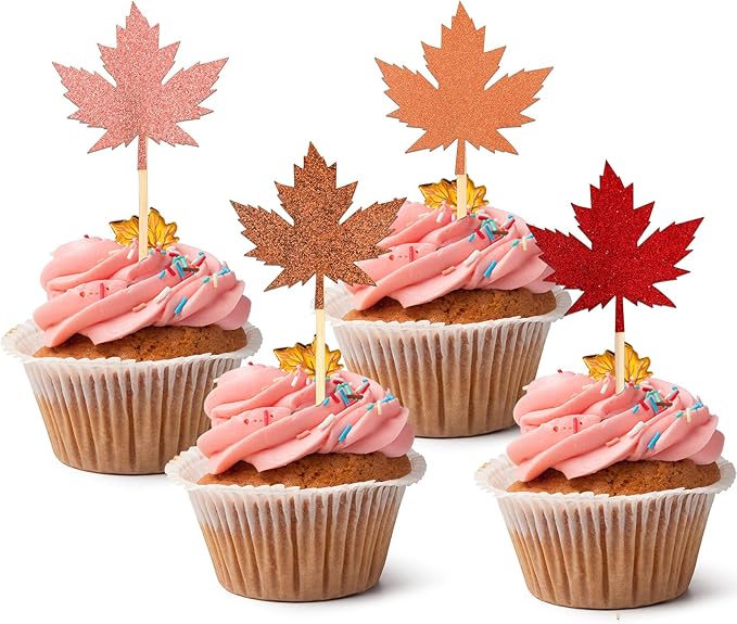 Fall Thanksgiving Cupcake Toppers, 24 PCS Glitter Maple Leaf Cupcake Toppers Cake Decorations, 4 Colors Maple Leaf Food Picks for Fall Autumn Thanksgiving Day Themed Party Decoration Supplies