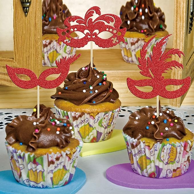 Gyufise 24Pcs Masquerade Masks Cupcake Toppers Red Glitter Bachelorette Mask Cupcake Topper Mask Cake Picks Decorations for Masquerade Mardi Gras Party Baby Shower Birthday Party Supplies