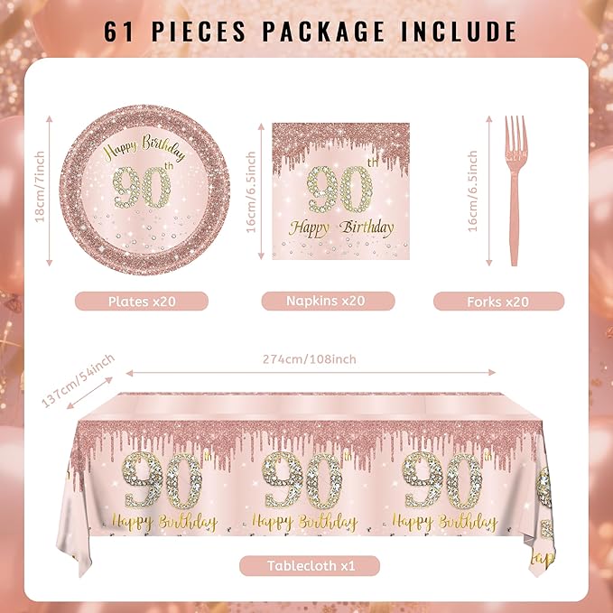 90th Birthday Decorations for Women,61Pcs Rose Gold 90th Birthday Decorations Tableware Include Happy 90th Birthday Plates and Napkins,Tablecloth,Forks,90th Birthday Party Supplies Serve 20