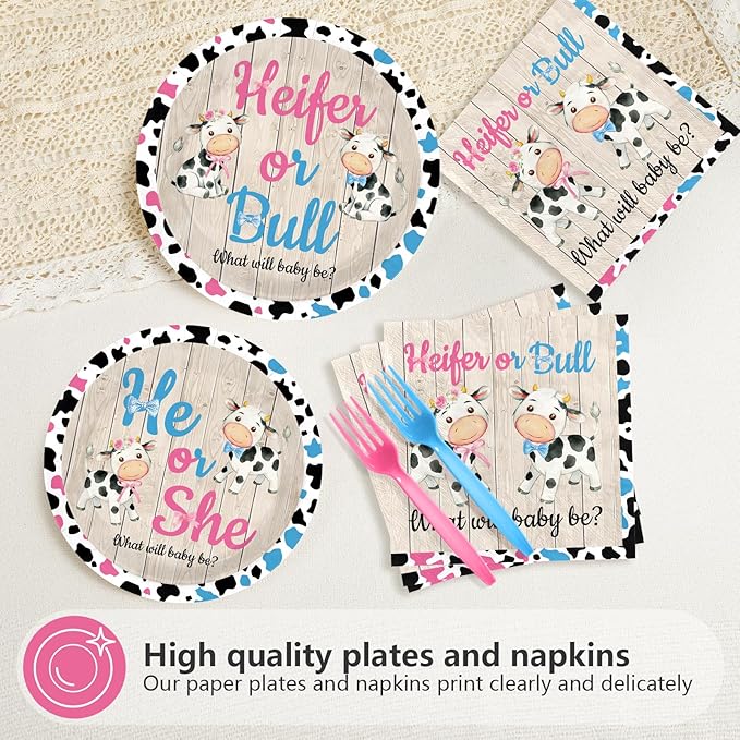 96Pcs Cow Gender Reveal Decorations Pink Blue He Or She Plates and Napkins Disposable Heifer or Bull Holy Cow Paper Tableware for Baby Boy or Girl Cowgirl Cowboy Gender Reveal Party Supplies Serves 24