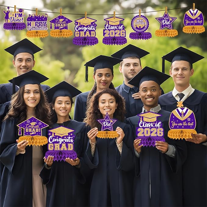 8 Pieces Class of 2026 Graduation Table Decorations - 2026 Congrats Grad Honeycomb Centerpieces, Graduations Table Toppers Decor for 2026 Graduation Party Decorations Favor Supplies, Purple and Gold