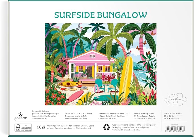 Galison Surfside Bungalow – 1000 Piece Jigsaw Puzzle Featuring Beautiful Artwork of A Beach Bungalow with Surfboards and Ocean Views