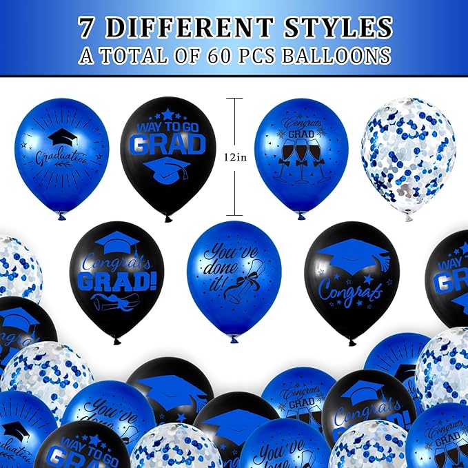 Whaline 60Pcs Graduation Party Balloon Set 7 Designs Confetti Latex Balloon with 2 Rolls Ribbon Grad Cap Congrats Grad Balloon for Graduation Party Decoration Supplies (Blue, Black)