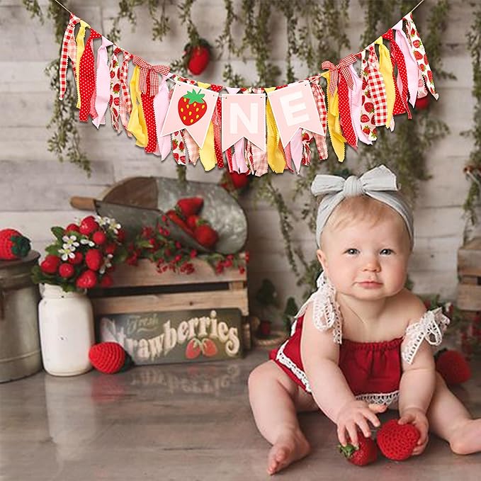 Strawberry First Birthday High Chair Banner - Sweet Berry 1st Birthday Party Decoration Supplies Highchair Banner, Strawberry Sign Anniversary Party Celebration Party Photo Props Banner