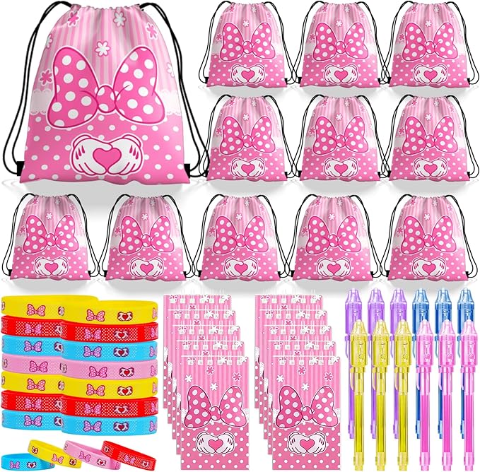 Pink Cartoon Mouse Party Favors, Animation Themed Birthday Party Supplies & Goodie Bags for Kids, Include Drawstring Bags Notebook Silicone Bracelet Highlighter for Gifts Fillers