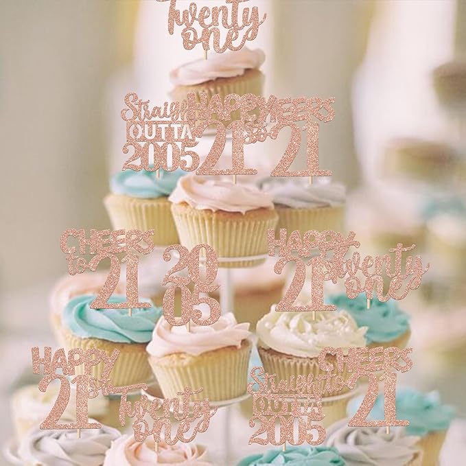 30PCS 21st Birthday Cupcake Toppers Glitter Twenty One Happy 21 Straight Outta 2005 Cupcake Picks for Cheers to 21 Years 21st Birthday Anniversary Party Decorations Supplies Rose Gold