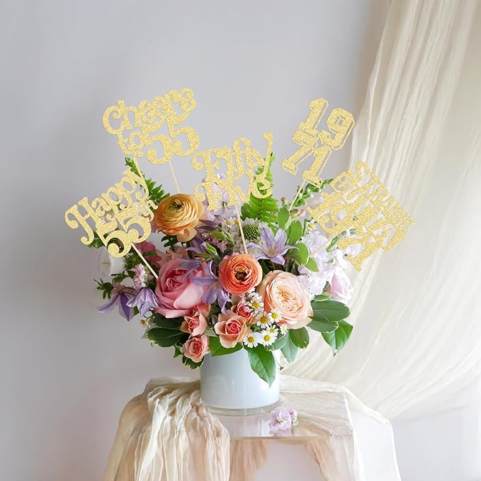 Gyufise 15Pcs Happy 55th Birthday Centerpiece Sticks Fifty Five Straight Outta 1971 Table Flower Centerpieces Sticks Cheers to 55 Decorations for 55th Birthday Party Supplies Gold