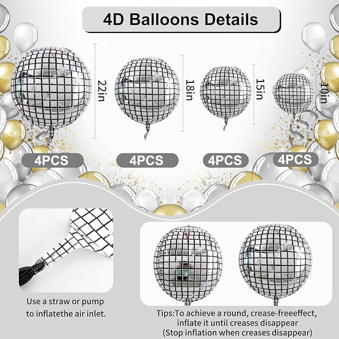 TONIFUL 16Pcs Large Disco 4D Giant Round Foil Balloon 4D Mirror Metallic Mylar Sephere Balloons for Christmas New Year Birthday Ball Party Graduation Wedding Disco Decoration Supplies(Mix Sizes)
