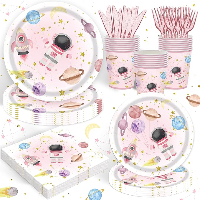 120PCS Space Party Supplies for Girls Baby Shower 1st 2nd Birthday Party Decorations Pink Moon Star Outer Space Planet Theme Plates Napkin Cups Forks Knives Tableware Set for 20 Guests