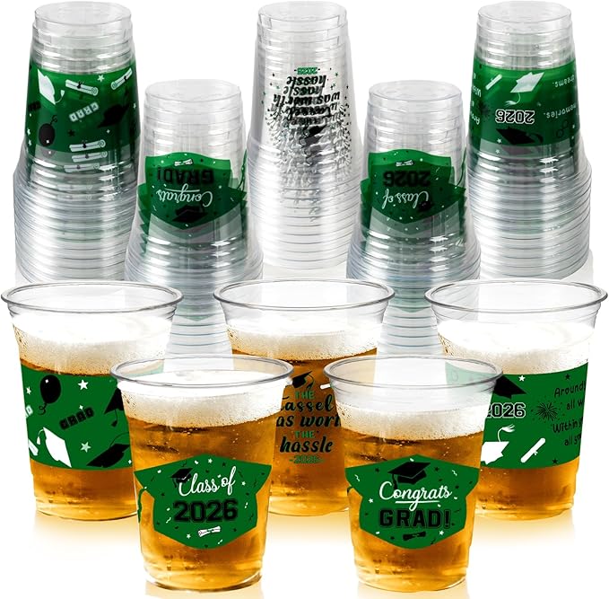 GuassLee Black and Green Graduation Decorations 2026 Party Cups - 50pcs 12 Oz Black Green Disposable Graduation Plastic Cups for Drinks Class of 2026 Grad Party Supplies