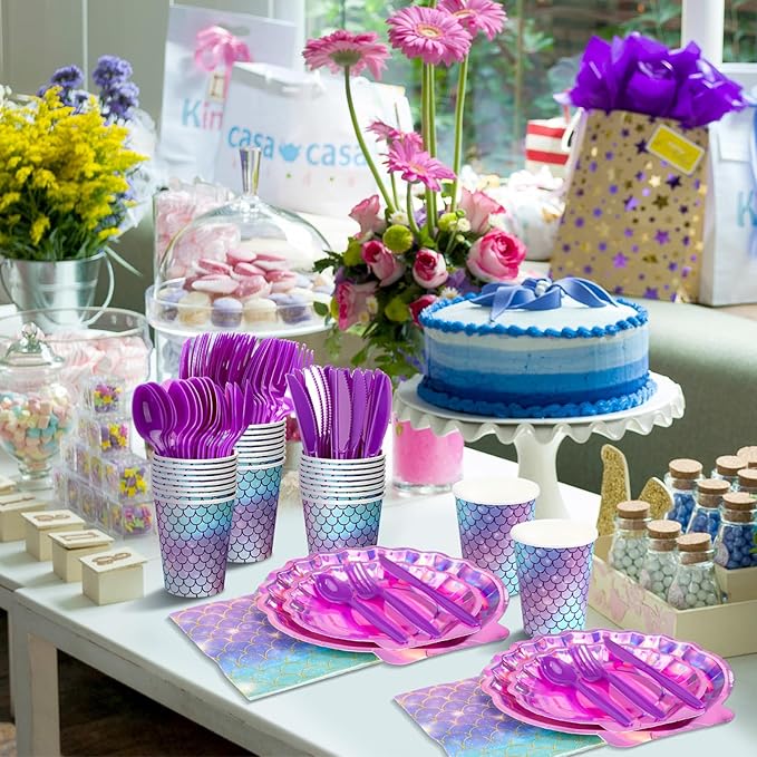 Cunhill 144 Pcs Iridescent Pink Mermaid Party Birthday Supplies Paper Tableware Hot Pink Purple Holographic Mermaid Plates Napkins Cups Spoons Fork Knives Under The Sea Dinnerware Set