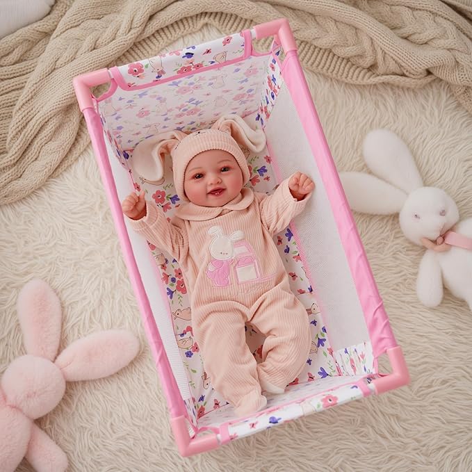 Reborn Baby Dolls Crib, Babys Doll Bed for 18 Inch Baby Dolls, Removable Babys Doll Playpen Toy Crib, Reborn Baby Doll Accessories with Storage Bag, Toy Gift for Kids Ages 3+