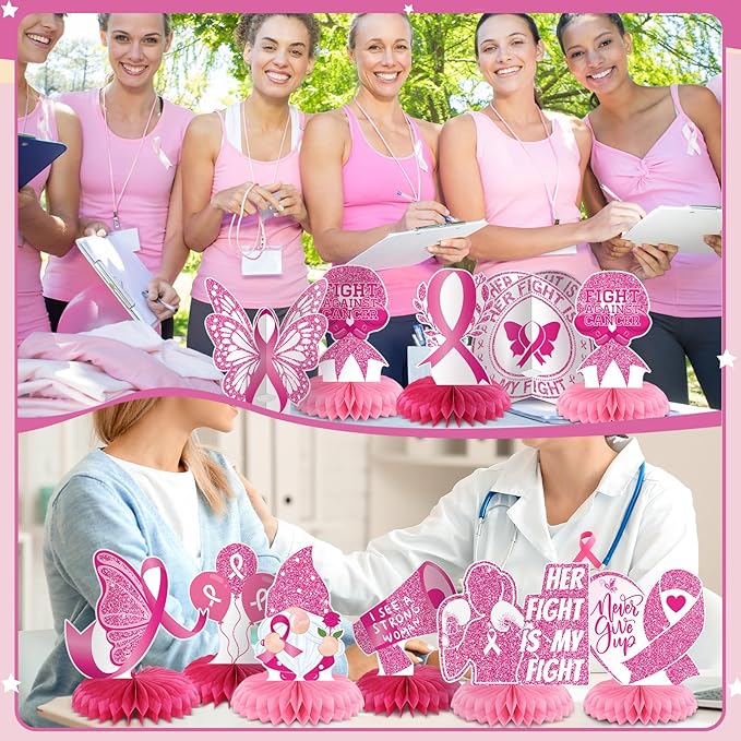 Pickmesh 12 Pieces Breast Cancer Awareness Party Decoration Honeycomb Centerpieces Breast Cancer Table Decoration Pink Ribbon Butterfly Heart Gnome Balloon Table Topper for Home Party Favors Supplies