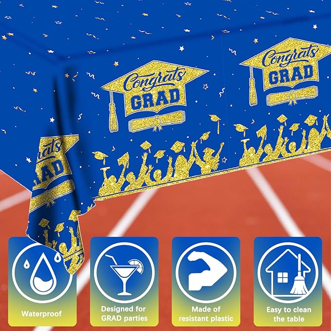 Graduation Decorations 2026-2 Pcs Blue and Gold Gongrats Grad Tablecover for Graduation Party Decorations, Class Blue Plastic Table Covers 54"x108"