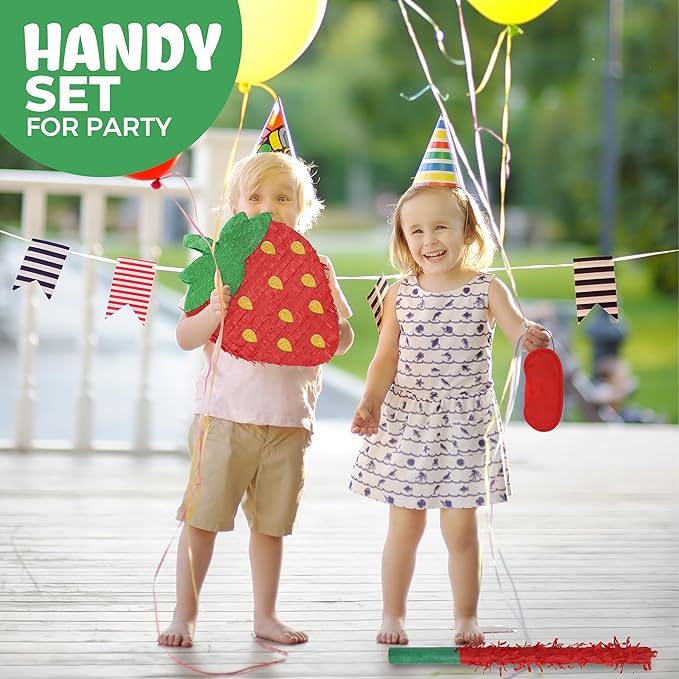 Strawberry Pinatas Bundle with a Blindfold and a Bat(16.5 x 12 x 3.5 Inches), Perfect for kid's Birthday Parties, Fruit Theme Parties, Decorations