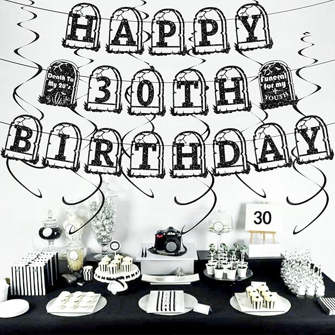 30th Birthday Death to My 20s Party Decorations, Pre-Strung Glitter Happy 30TH Birthday Banner, Black Hanging Swirls, Funeral for My Youth Party Supplies