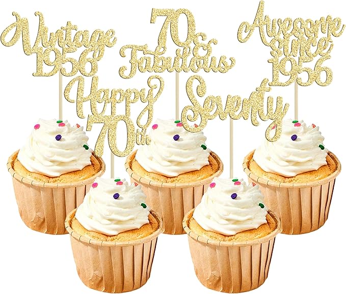 30Pcs Vintage 1955 Cupcake Toppers Glitter Seventy Happy 70th Birthday 70 Fabulous Cupcake Picks Cheers to 70 Years for 70th Birthday Wedding Anniversary Party Cake Decorations Supplies Gold