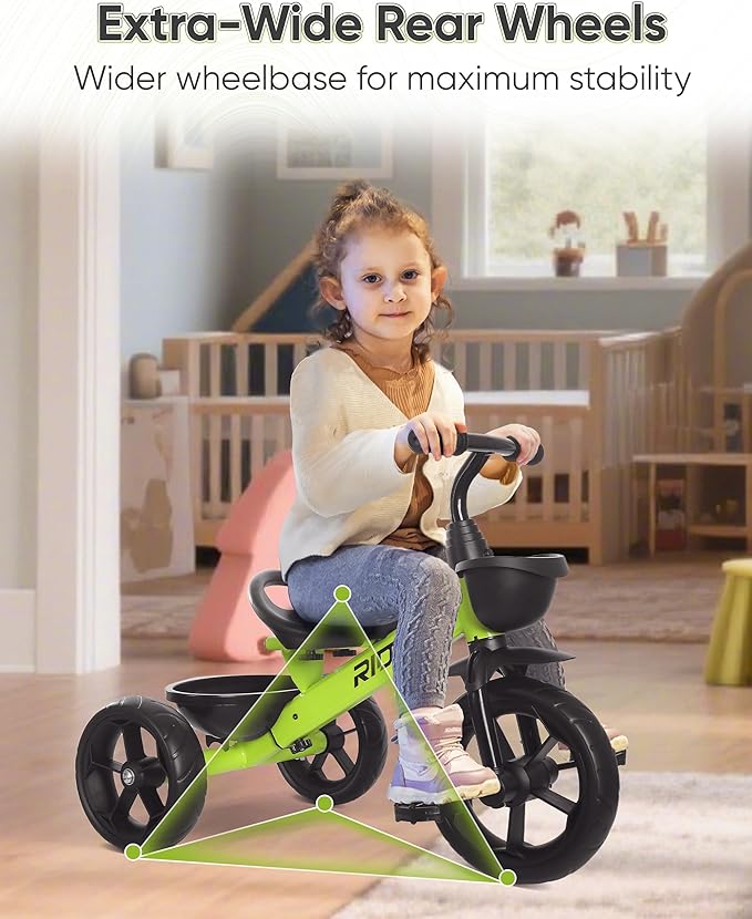 Toddler Tricycle for 1.5 to 5 Years, Tricycle for Ages 2-4 Years, Extra-Wide Rear Wheelbase for Stability, Trikes for Kids 1-3 with Dual Storage Baskets, Easy to Carry Seat, Green