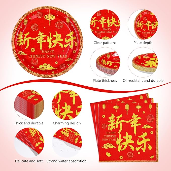 170Pcs Chinese New Year Party Supplies Spring Festival Plates and Napkins Cups, Forks, Tablecloth Red Gold Festival Tableware Set for Lunar New Year 2026 Party Decoration Serves 24