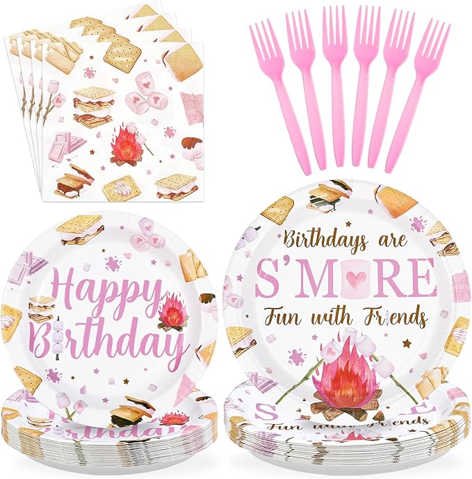 96Pcs S'mores Camping Birthday Decorations Birthdays Are S’more Fun with Friends Plates and Napkins Pink Camping Theme Tableware Set for Girls Camper Campfire Bonfire Birthday Party Supplies Serves 24