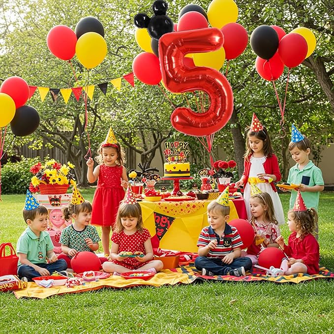 Vuzvuv 40 Inch Mouse Number Balloon No.5, Black Mouse Head Balloon and Red Giant Giant Number Five Balloon for Birthday, Mouse Theme Party Supplies, Baby Shower,Anniversary Decoration