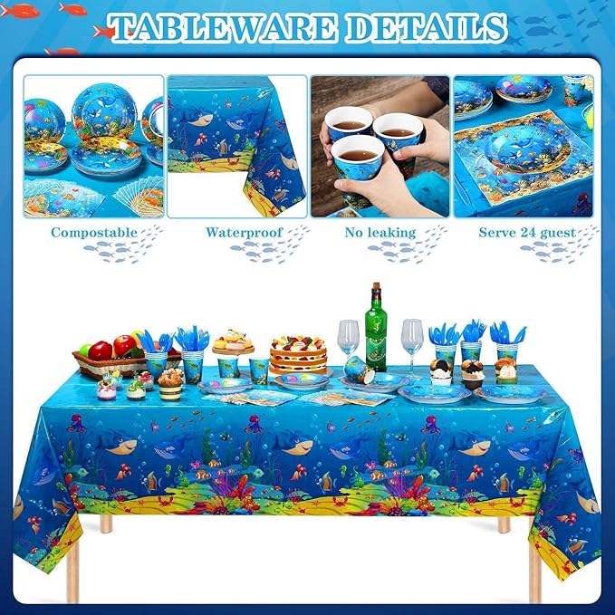 171 Pcs Under the Sea Party Supplies Ocean Sea Party Tableware Set Underwater Birthday Paper Plates Napkins Cups Cutlery Banner Tablecloth for Mermaid Beach Birthday Party Supplies 24 Guests