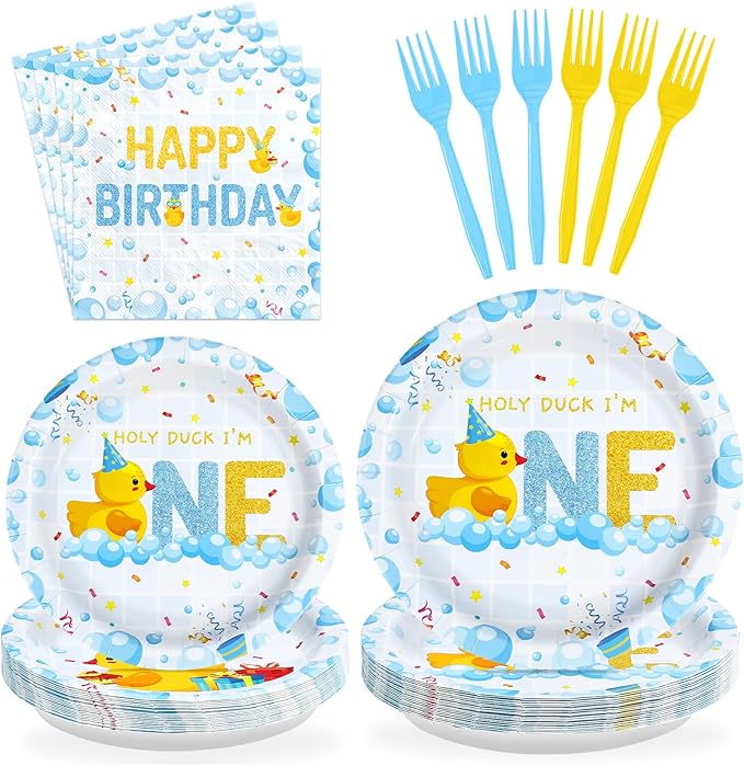 96Pcs Duck 1st Birthday Party Decorations Duck One Birthday Bubble Bath Plates and Napkins Set Blue Yellow Ducks Decoration for Boys Girls 1 Year Old Ducky Baby Shower Party Supplies Serves 24