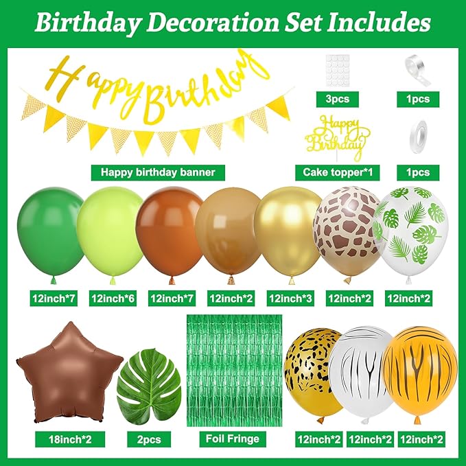 Jungle Safari Birthday Decorations, Safari Theme Party Supplies with Green Brown Animal Print Balloons Happy Birthday Banner Cake Topper Fringe Curtain Palm Leaves for Woodland Themed Party Decor
