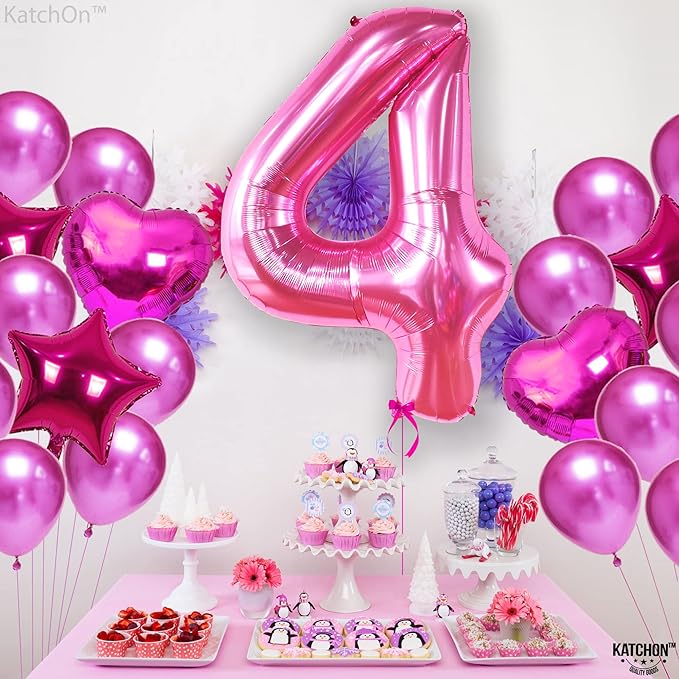 KatchOn, Hot Pink 4 Balloon Number - 40 Inch | 4th Birthday Balloons For 4th Happy Birthday Decorations | Number 4 Balloon For Pink Party Decor | 4th Happy Anniversary Decorations