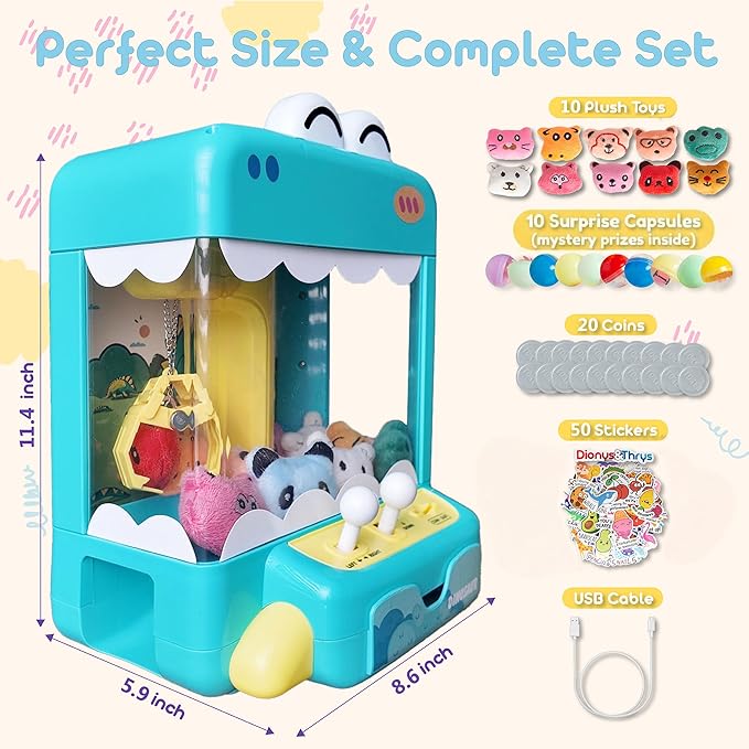 Claw Machine for Kids - Mini Arcade Game - Vending Machine - Candy Grabber Toys - Silent Mode, Lights, USB - Plush Toys & Easter Eggs, Surprise Stickers - Fun Gift for Kids, Boys & Girls (Dinosaur)