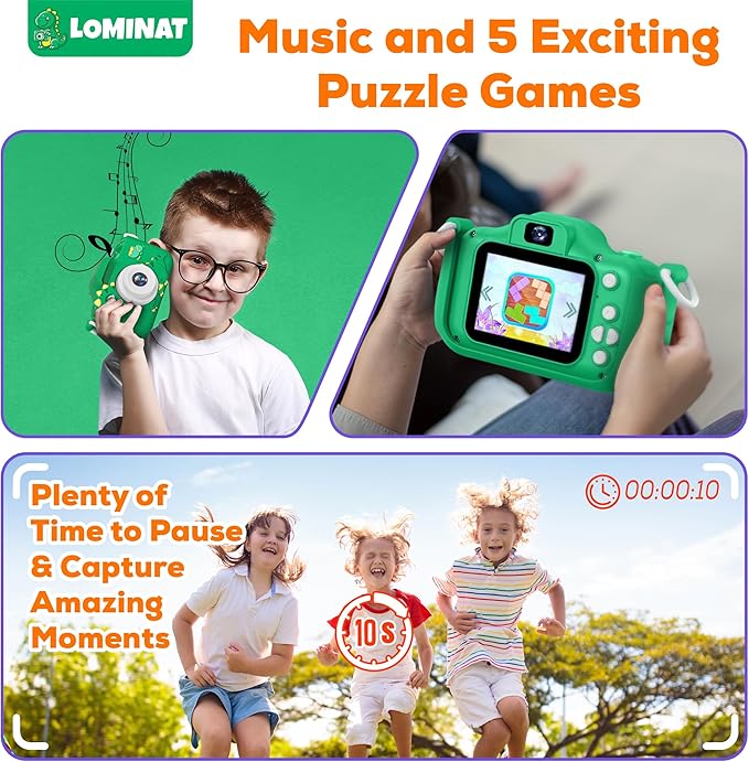 Kids Camera for 3, 4, 5, 6, 7, 8, 9 Year Old Boys Girls – 1080P HD Kids Video Camera, Dinosaur Christmas Birthday Gifts, Toddler Dual Lens Digital Camera with Games, Toys for Toddlers - 32GB SD Card