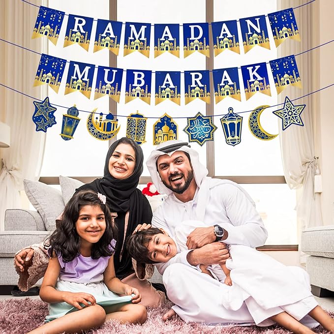AhfuLife Ramadan Mubarak Banner Decorations for Home, 3 Pcs Pre-Tied Ramadan Mubarak Bunting Banners for Muslim Party Decor, Moon Star Lanterns Garland Islamic Party Supplies
