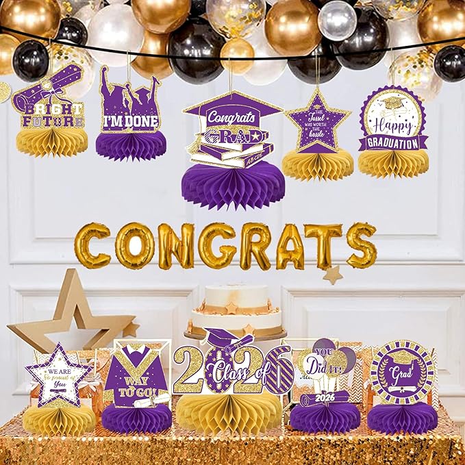 10PCS Graduation Party Decorations Class of 2026 Congrats Grad Table Centerpieces Congratulate Graduation Honeycomb Table Toppers for Graduation Party Supplies(Pueple Gold)