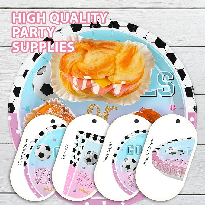 96Pcs Goals or Bows Gender Reveal Party Decoration Soccer Bows Plates and Napkins Blue Pink Watercolor Disposable Tableware Set for He or She Sports Gender Reveal Party Supplies Serves 24