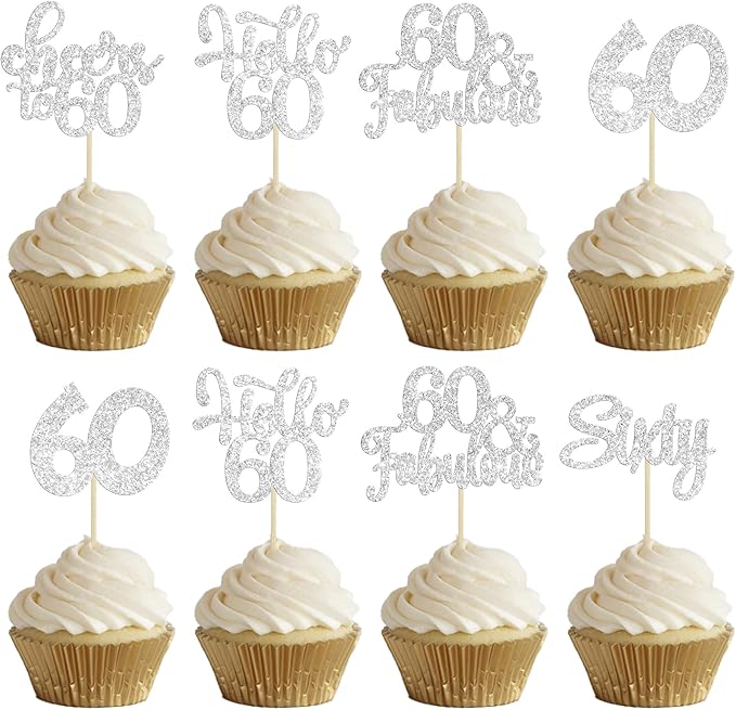 30Pcs Happy 60th Birthday Cupcake Toppers Silver Glitter Sixty Cake Toppers Cheers to 60 Years Old Birthday Cupcake Picks for 60th Anniversary Party Cake Decorations Supplies