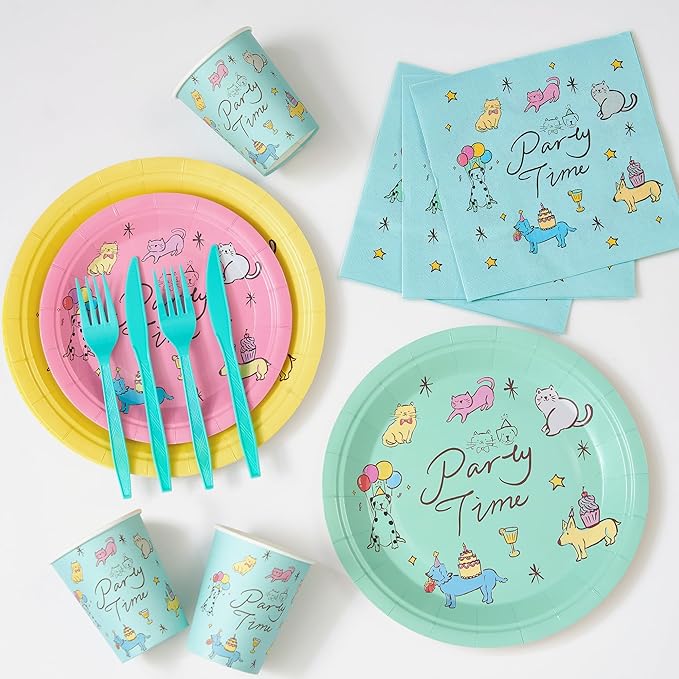 144Pcs Dog Cat Birthday Party Supplies Decorations Pet Themed Paper Plates Napkins Vintage Puppy Party Tableware Disposable Dinnerware Set for Kids Birthday Baby Shower Table Decor, Serve 24