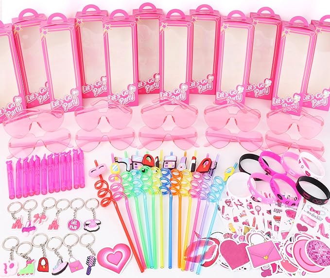132Pcs Pink Girls Party Favors Pack - For 12Guests, Includ Goodie Box Heart Glasses Straws Bubble Wands Tattoo Sticker Bracelet Keychain, for Kids Girls Birthday Party Decoration Supplies