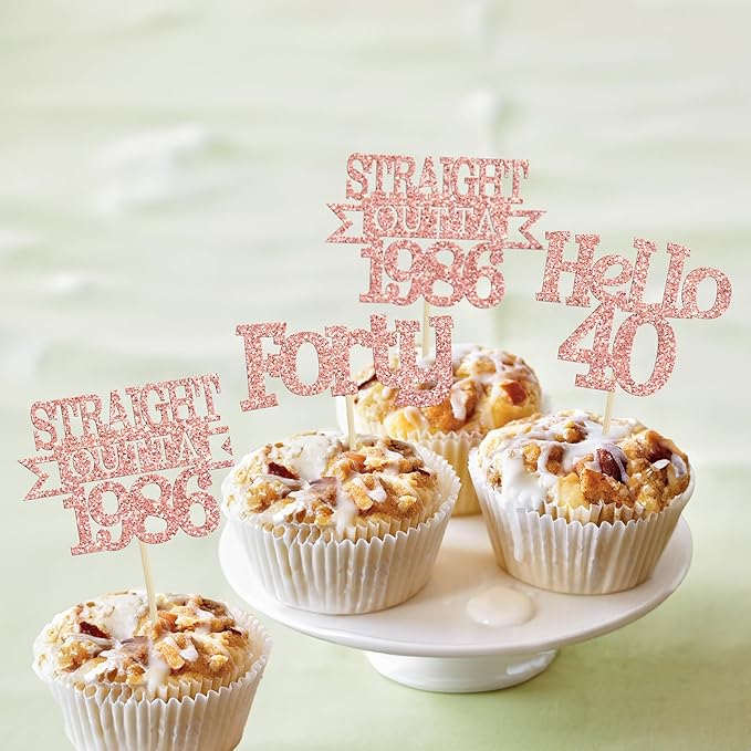 Ephlyn 24Pcs Happy 40th Birthday Cupcake Toppers Glitter Forty Cupcake Picks Hello 40 Cheers to 40 Years Birthday Cake Decorations for 40th Birthday Anniversary Party Supplies Rose Gold